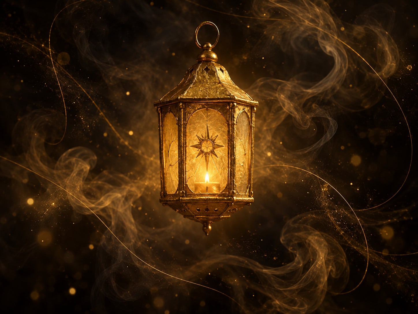 A small gold lantern with a low steady flame floats in dark smoky haze.