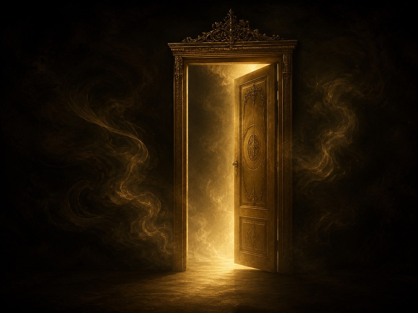 A tall gold doorway standing open in the dark.