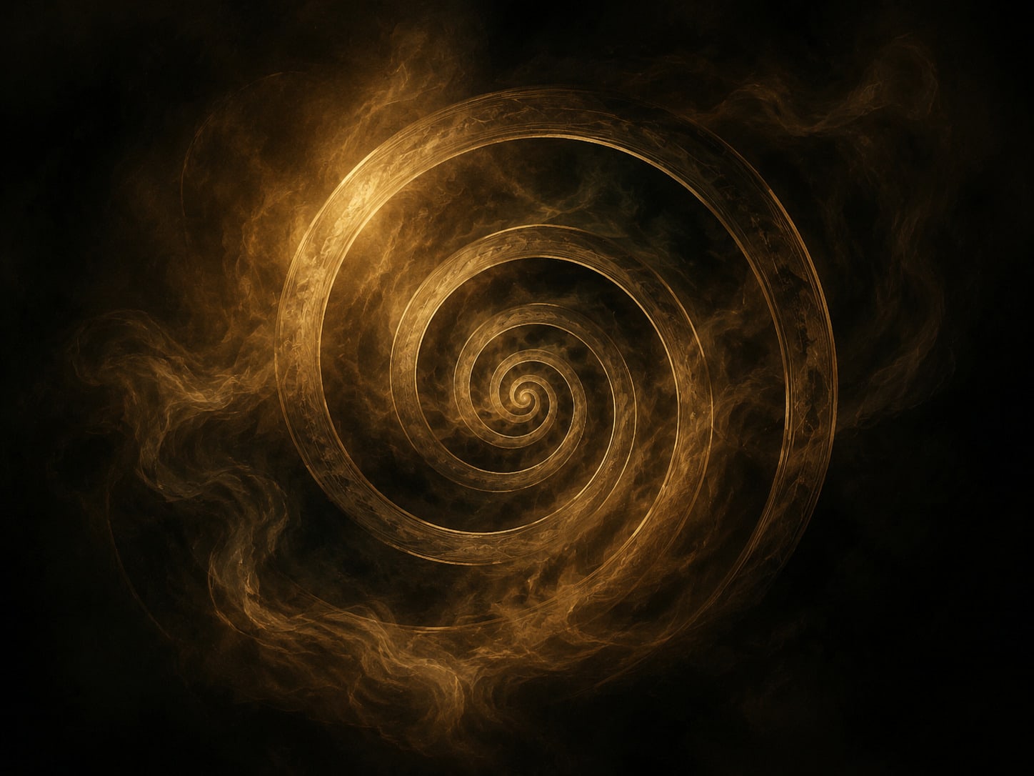 A slow gold spiral of concentric rings emerging from smoke.