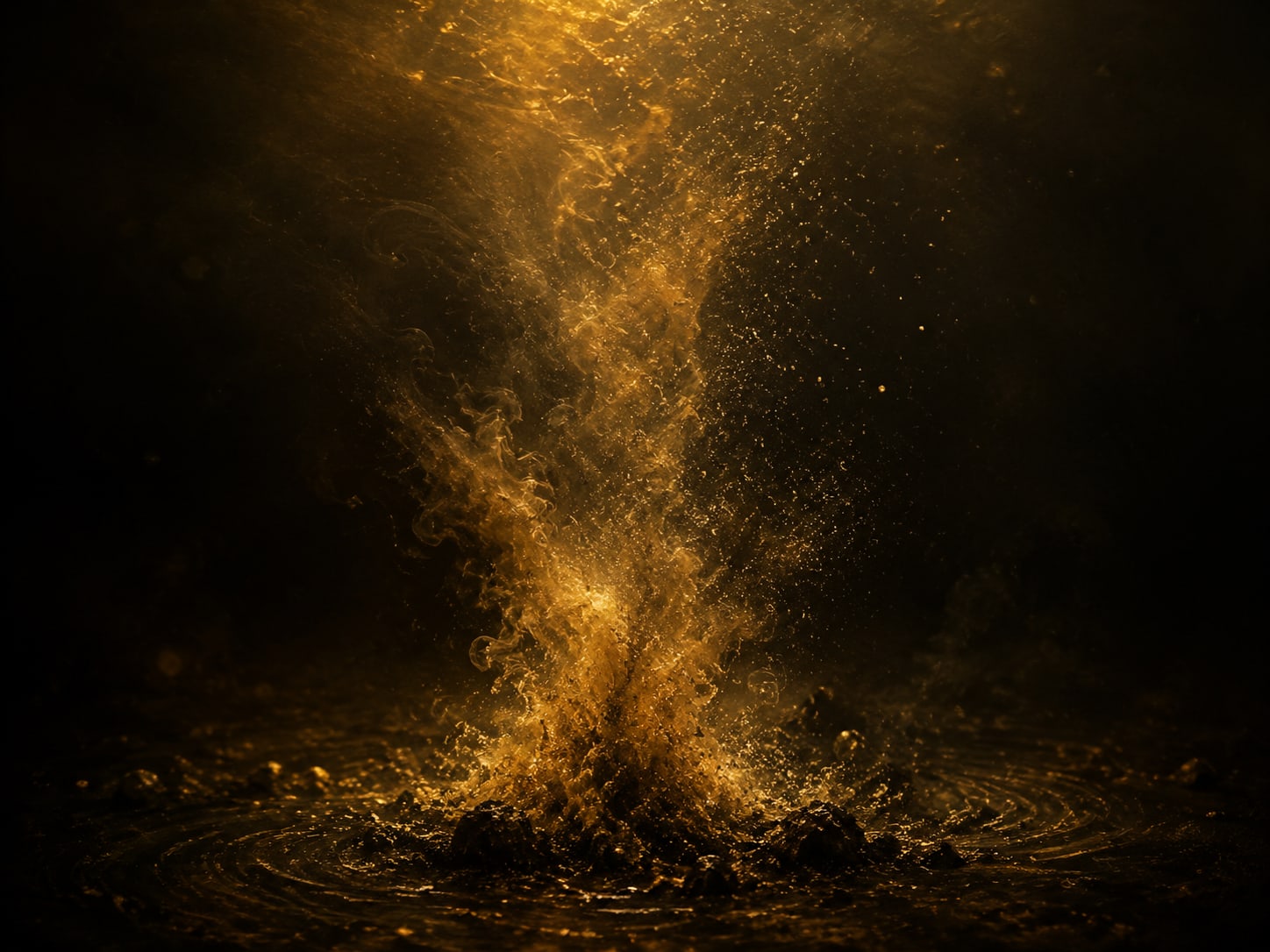 A plume of gold silt billowing up from a disturbed dark bed into clearer water above.