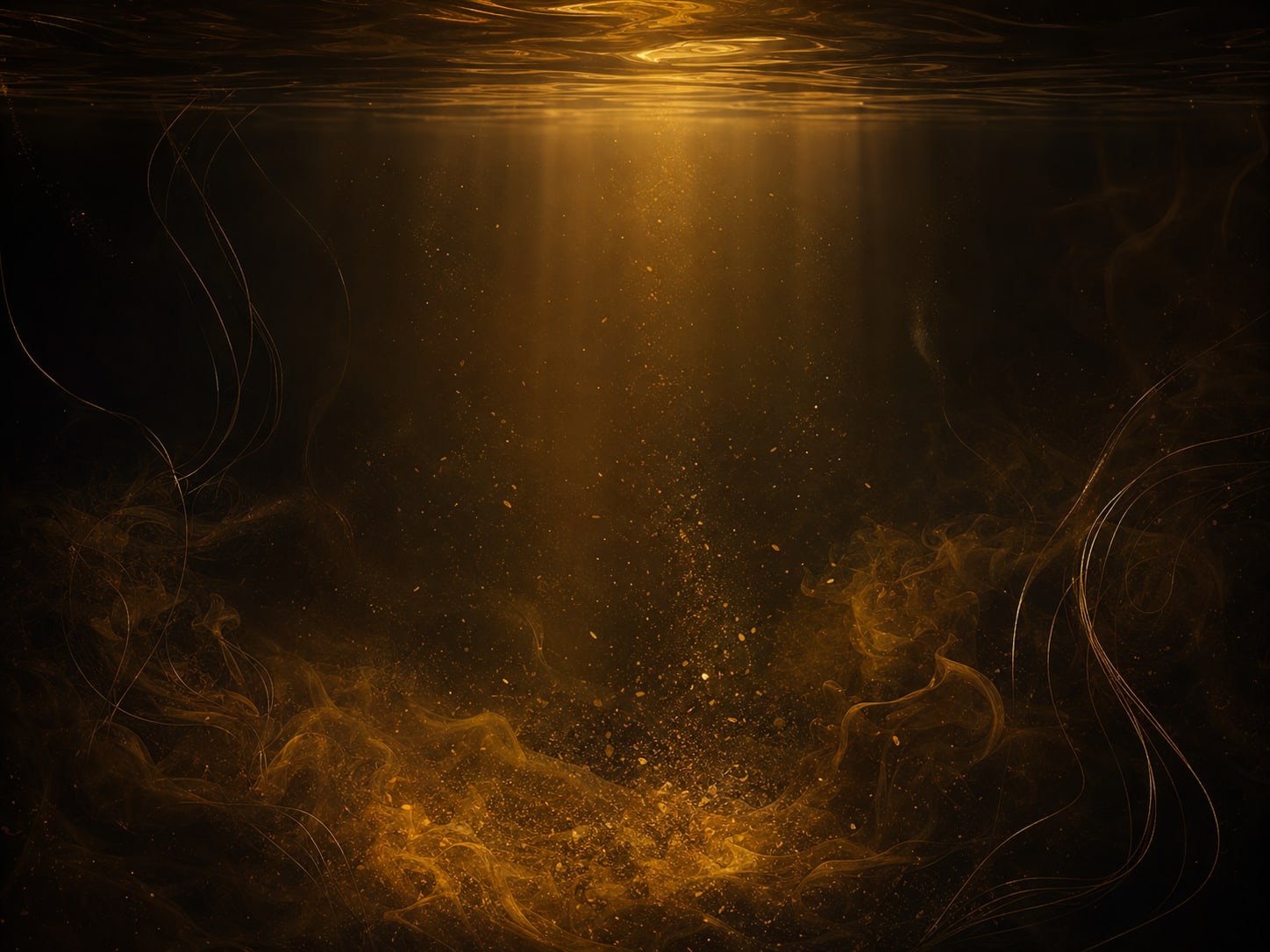 Amber murk going still as its gold sediment drifts down in a settling veil.