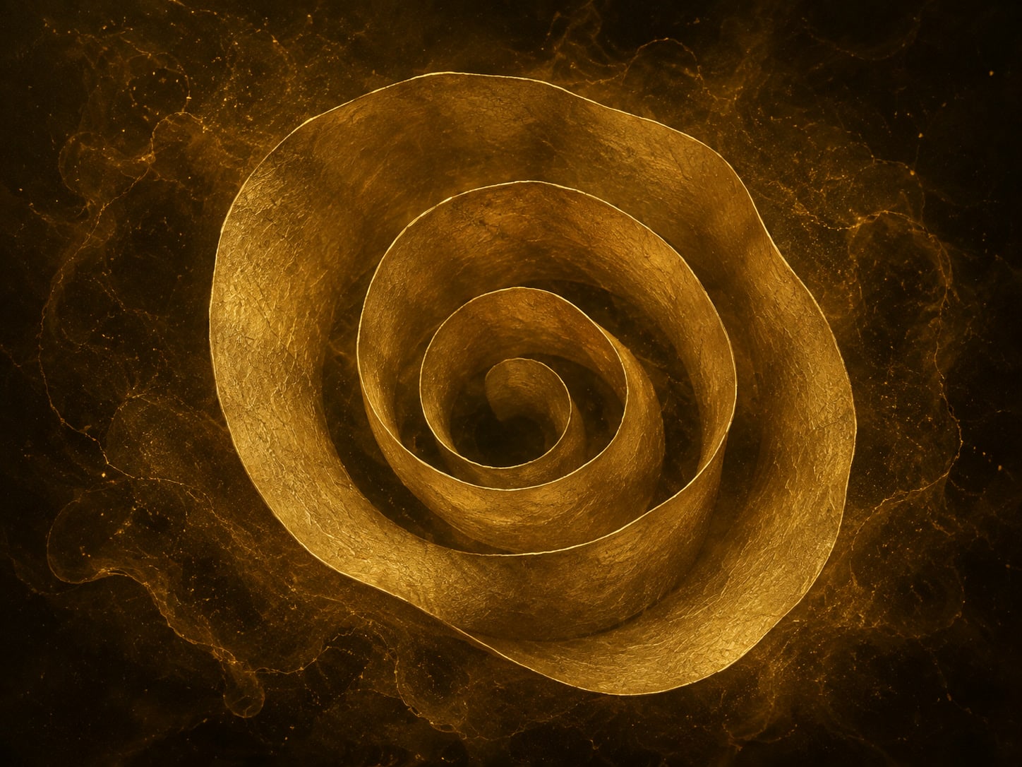 A textured gold ribbon spirals through several nested layers around a dark center in a warm hazy void.