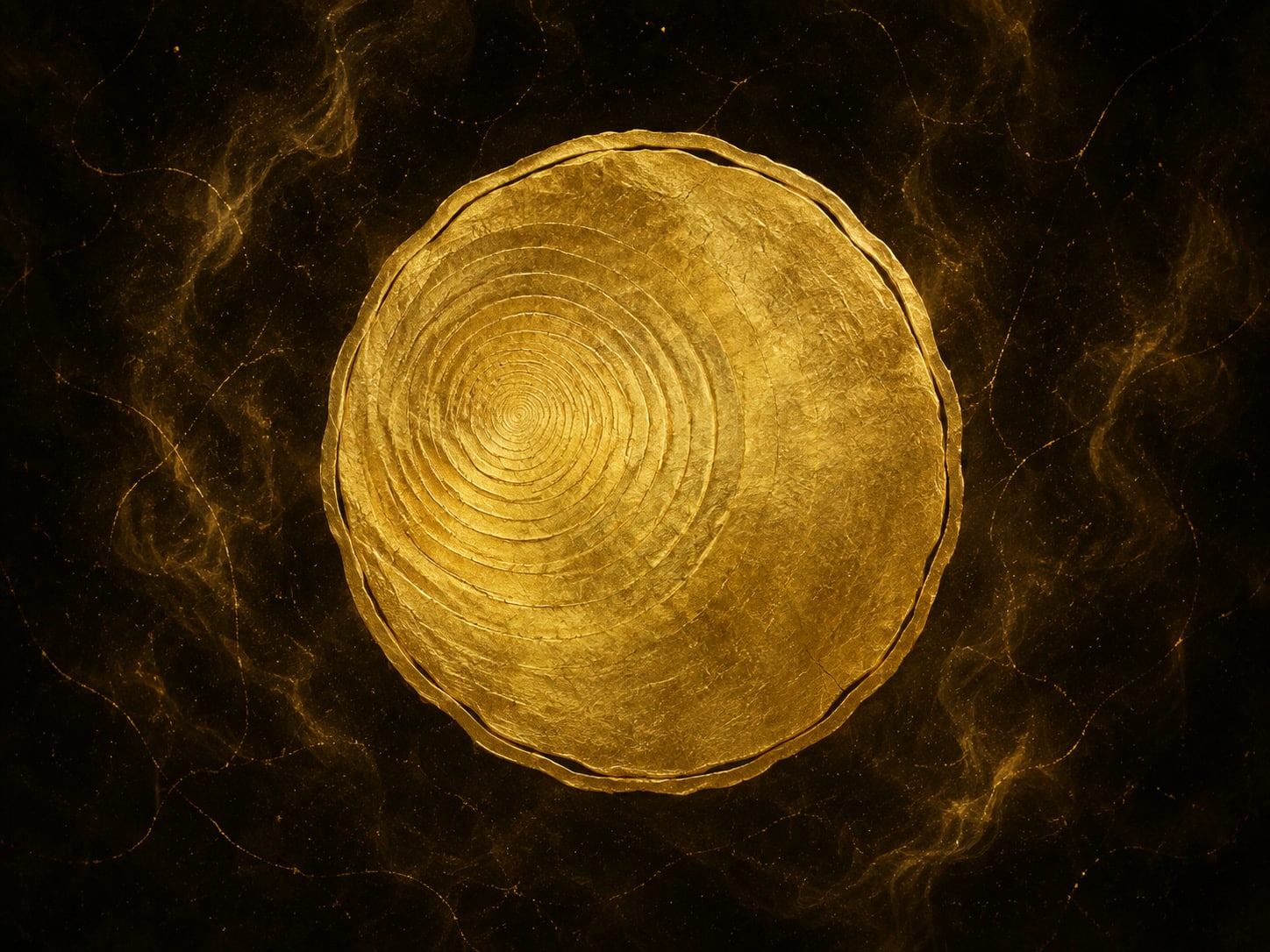 A round textured gold seal with off-center concentric ripples and a slightly split outer edge in warm gold haze.