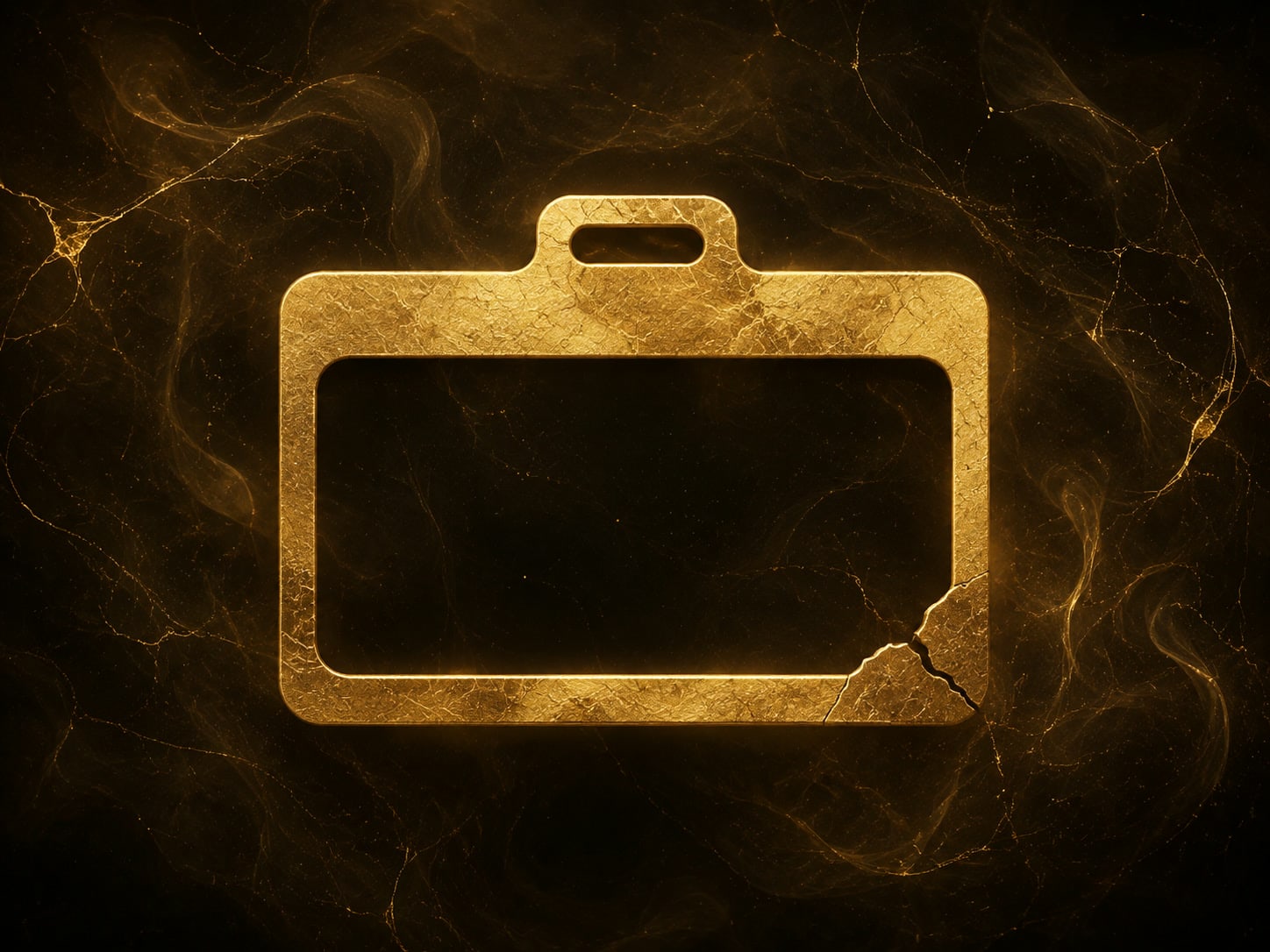 A blank textured gold badge frame with a cracked corner floats in dark haze.