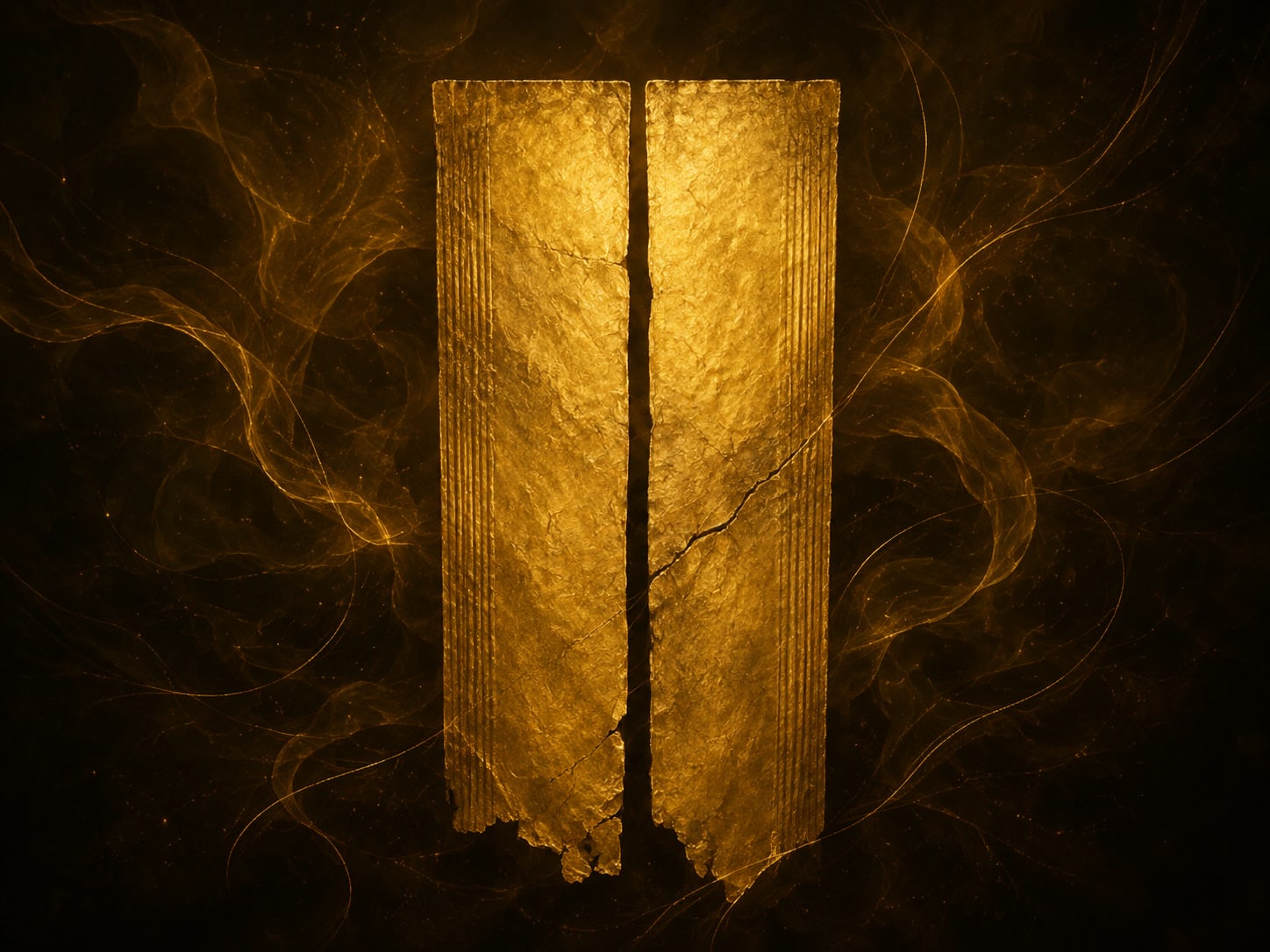 A tall textured gold panel is split down the middle by a dark opening.