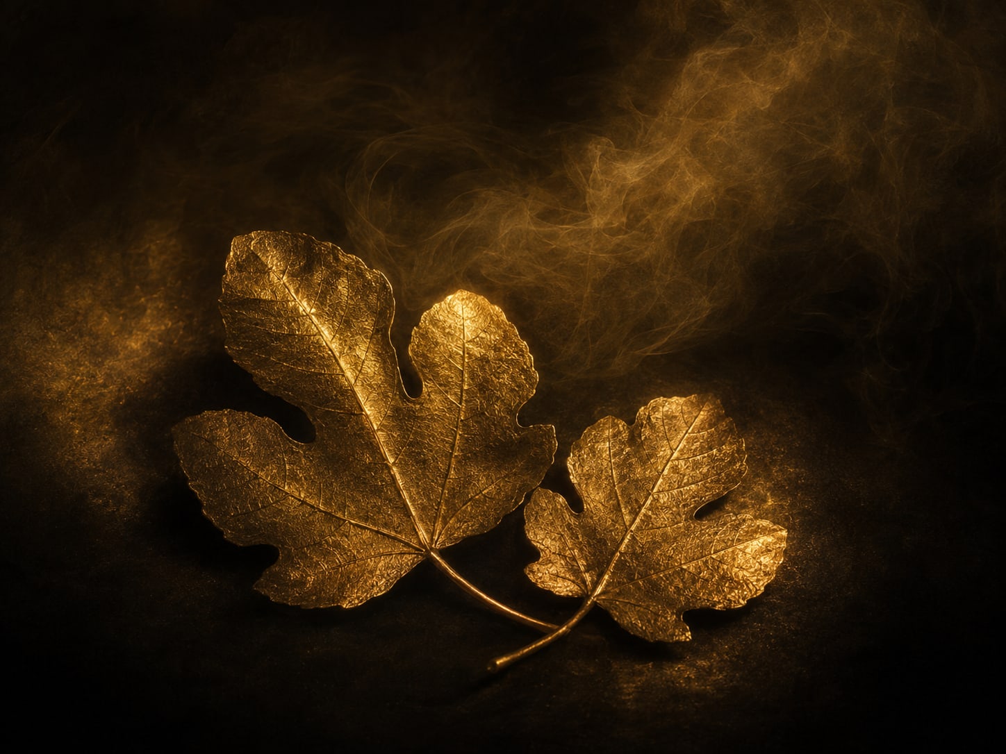Two gold fig leaves resting together on soft darkness in warm light.