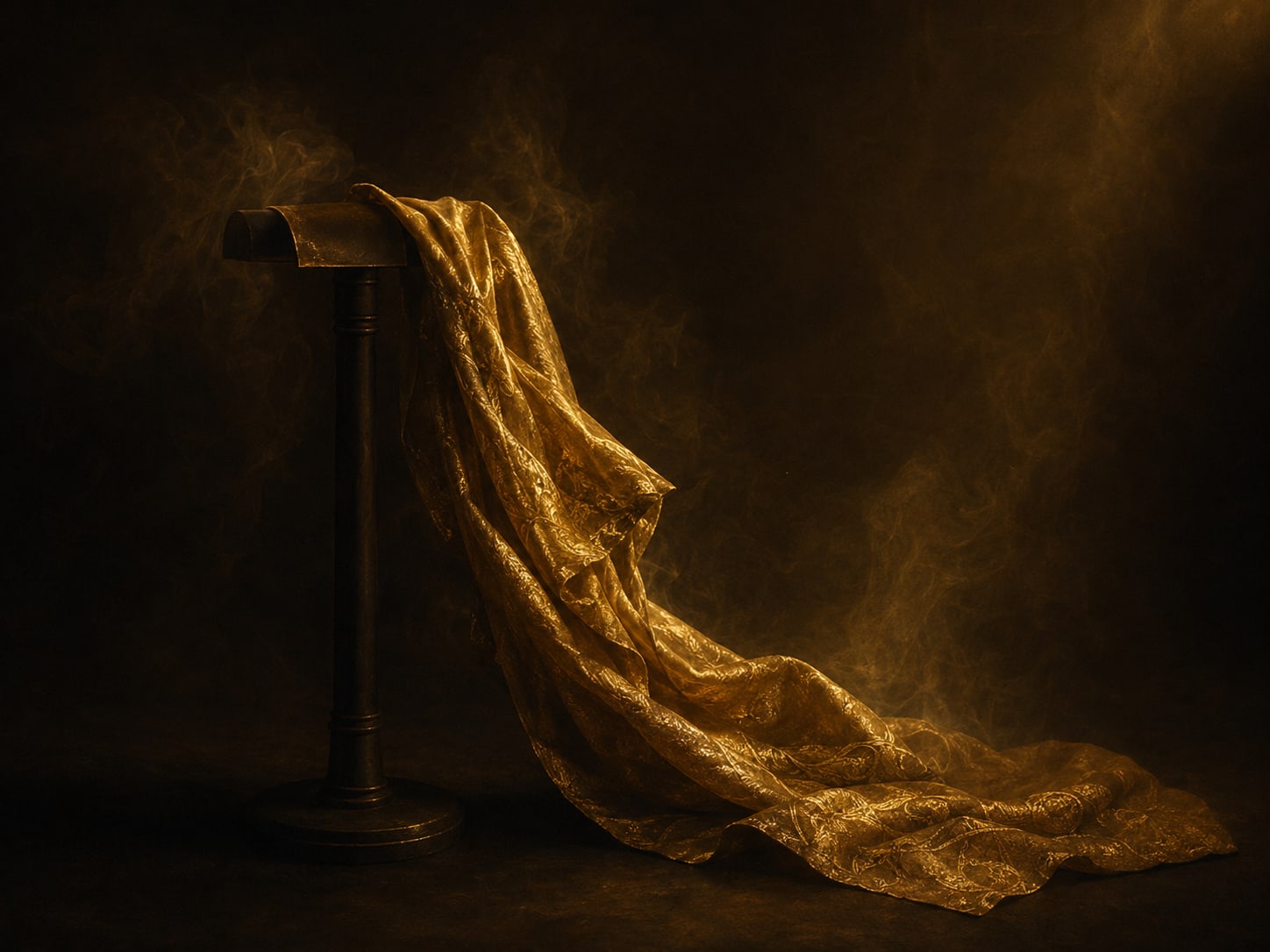 A gold garment slipping from a plain dark stand, the cloth caught mid-fall.