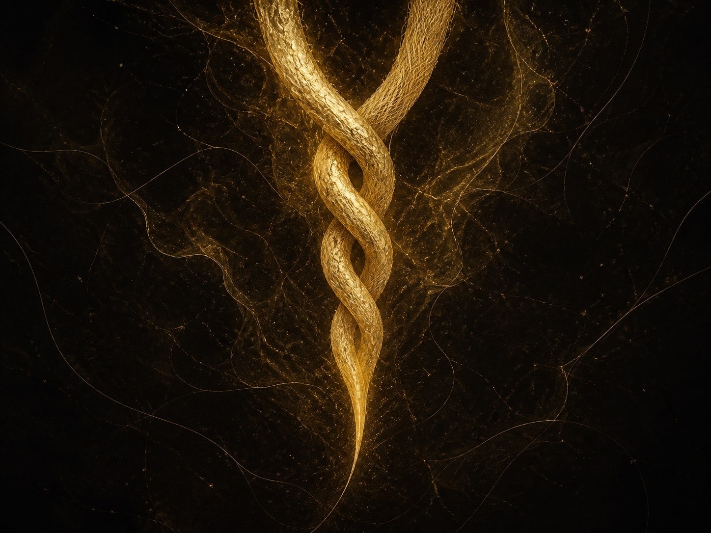 A braided strand of glowing gold with two textures tapers through a dark smoky background.