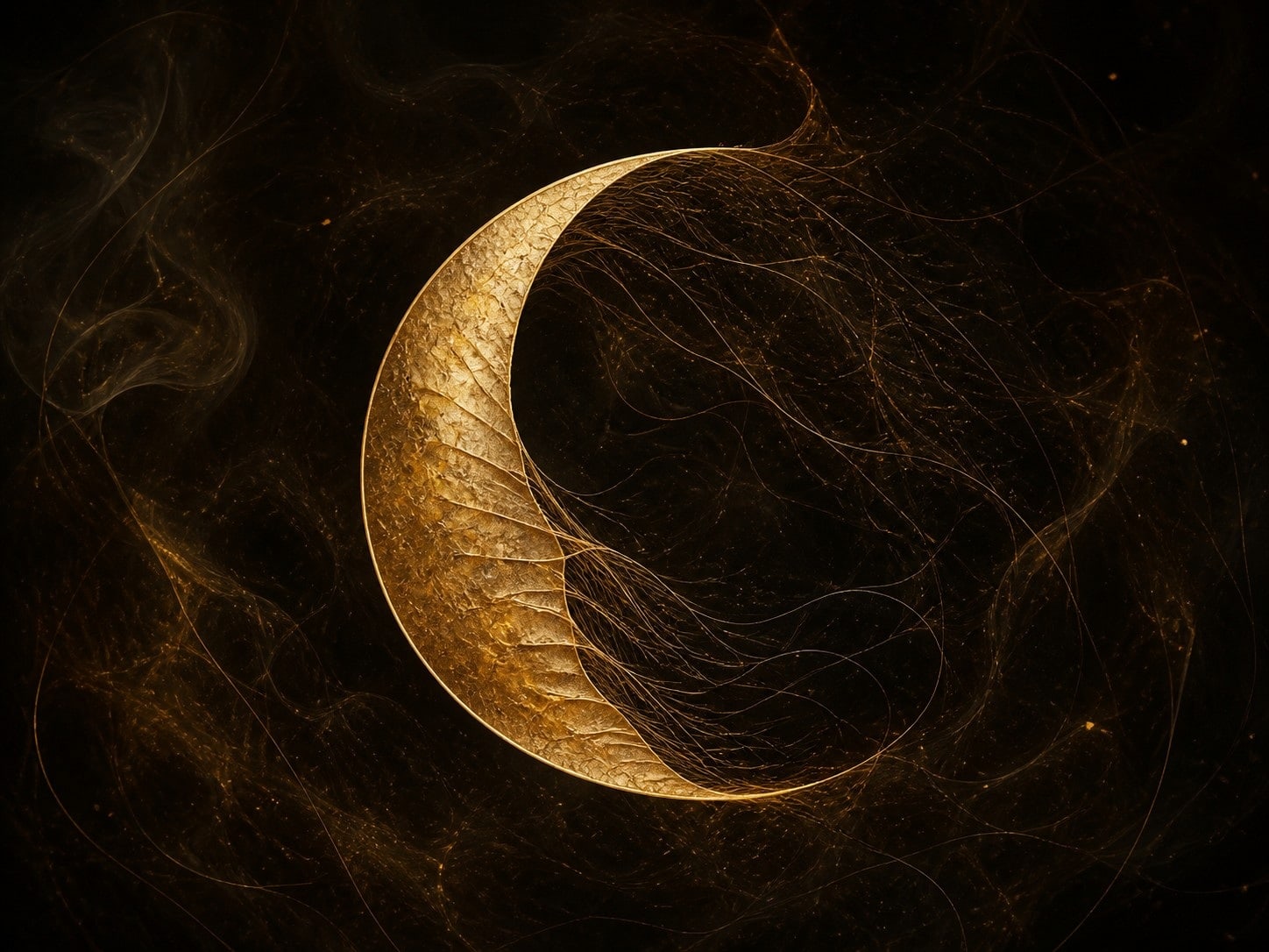 A translucent gold crescent with a fine edge and threadlike interior floats in a dark hazy background.