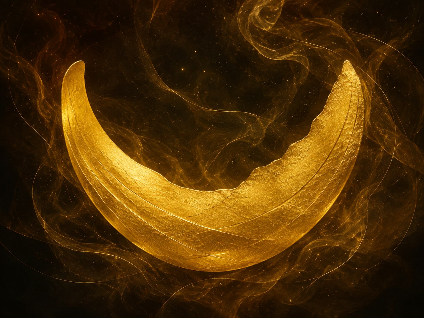 A broad shield-like arc of luminous beaten gold bends inward into an open cradle shape in warm near-black smoke.