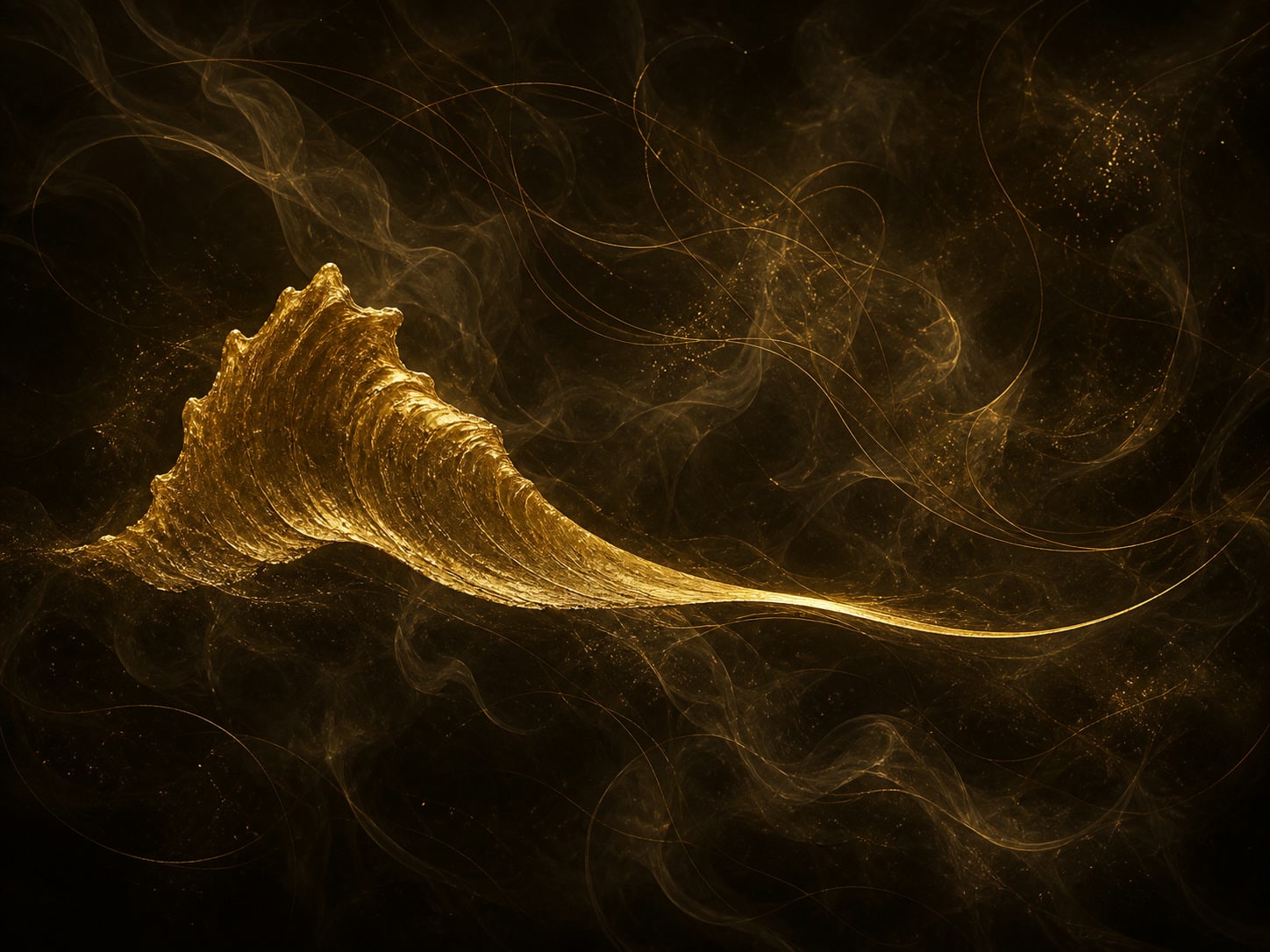 A continuous beaten-gold wave rises through a cluster of tight ridges and relaxes into one long smooth curve in warm near-black haze.