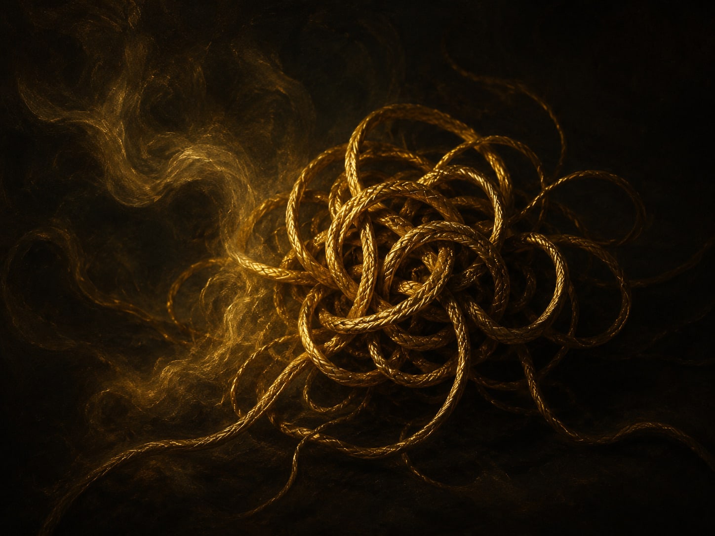 A tight, tangled knot of fine gold cord.