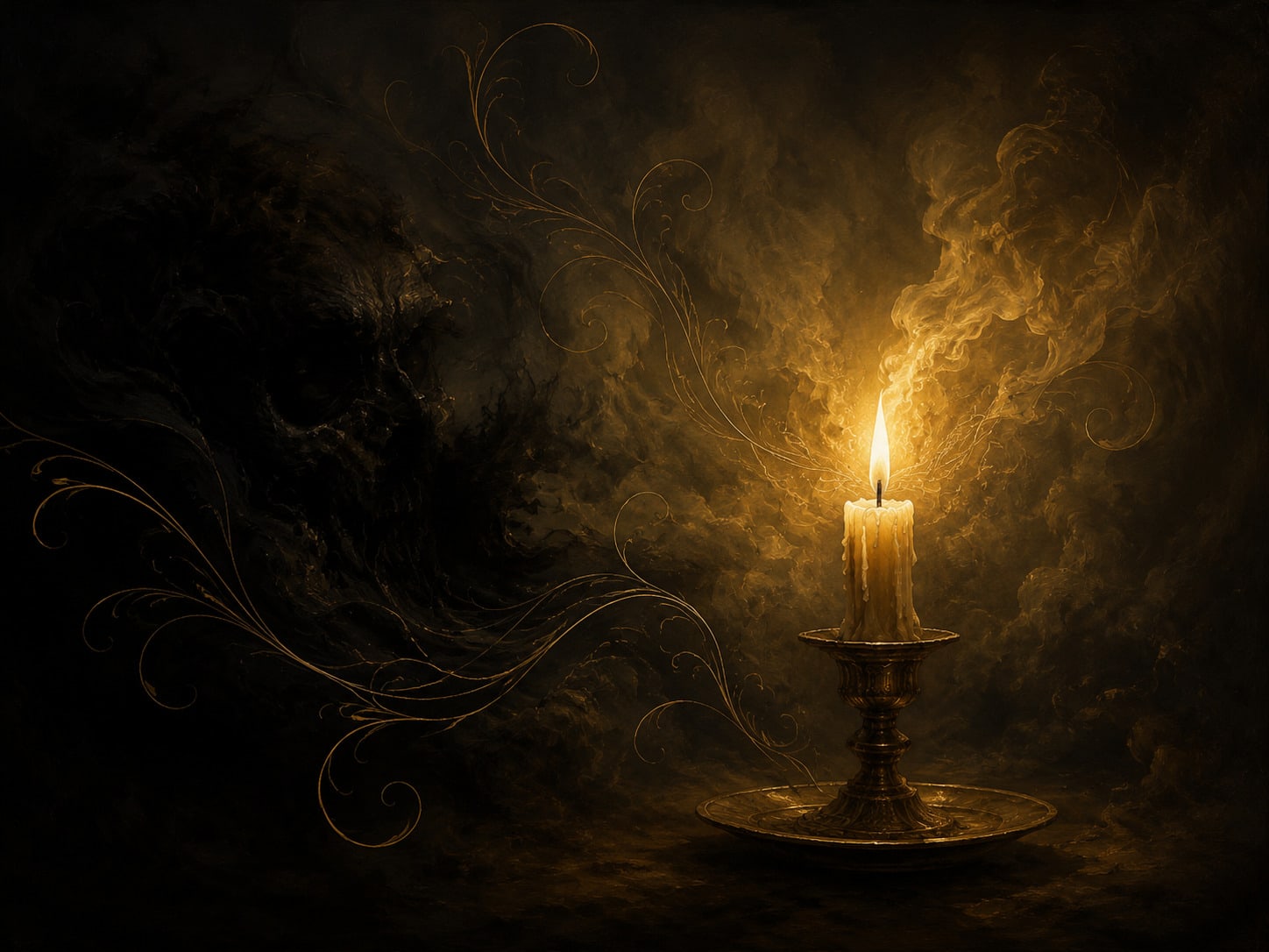A single steady gold candle flame piercing the dark.