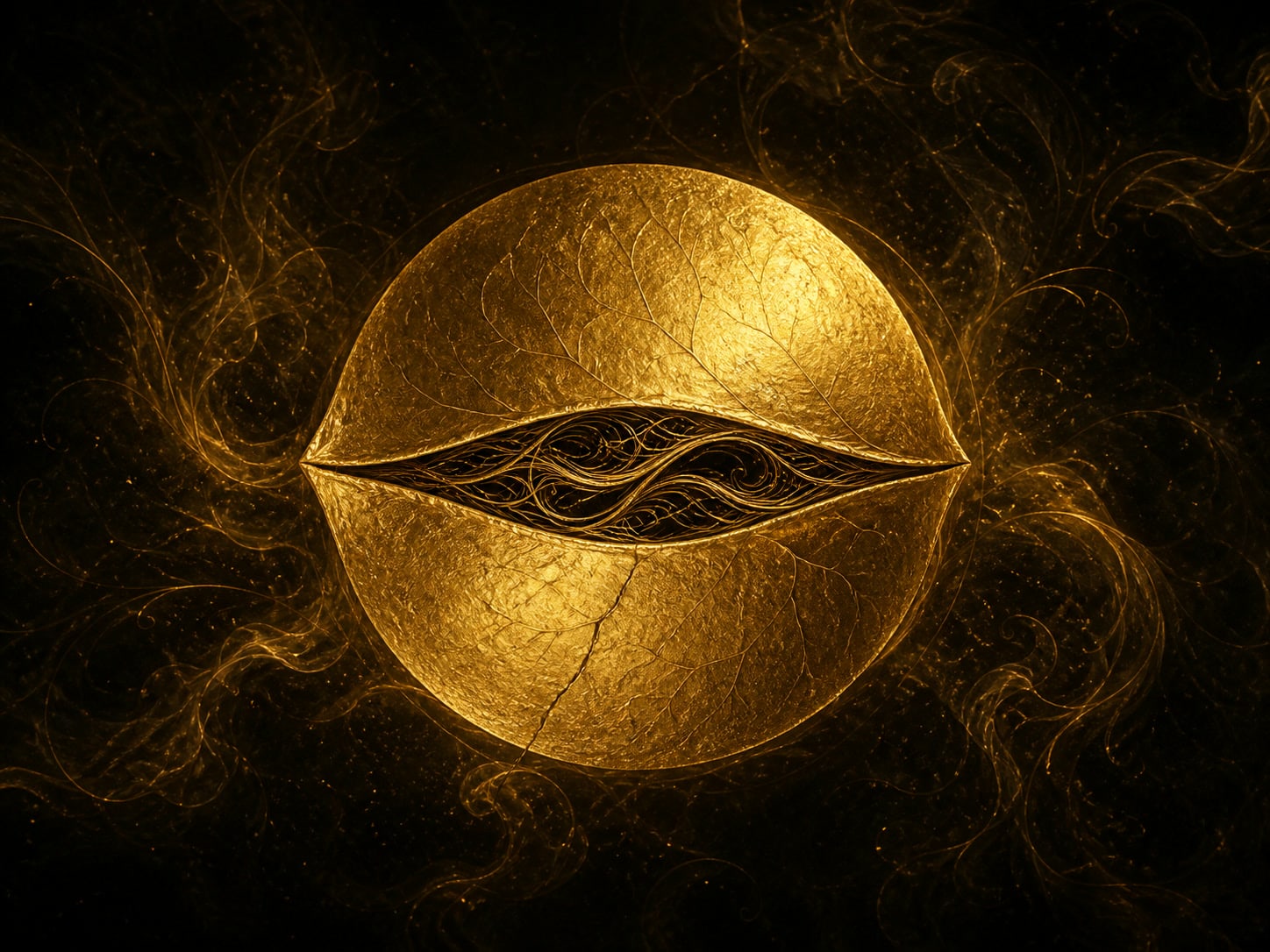 A round textured gold shell has a narrow dark seam filled with gold filaments.