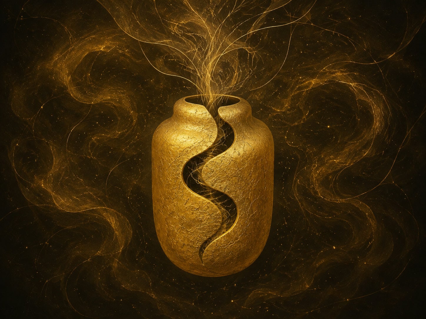 A rounded textured gold vessel has a dark spiral opening and rising filaments.
