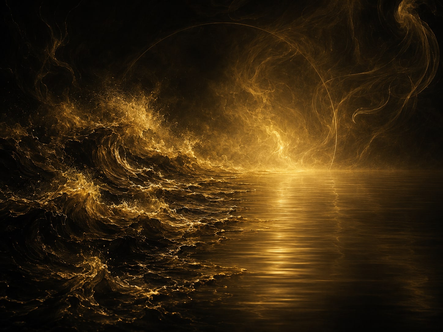 A gold sea half rough and half smoothed to calm glass, churn giving way to hush.