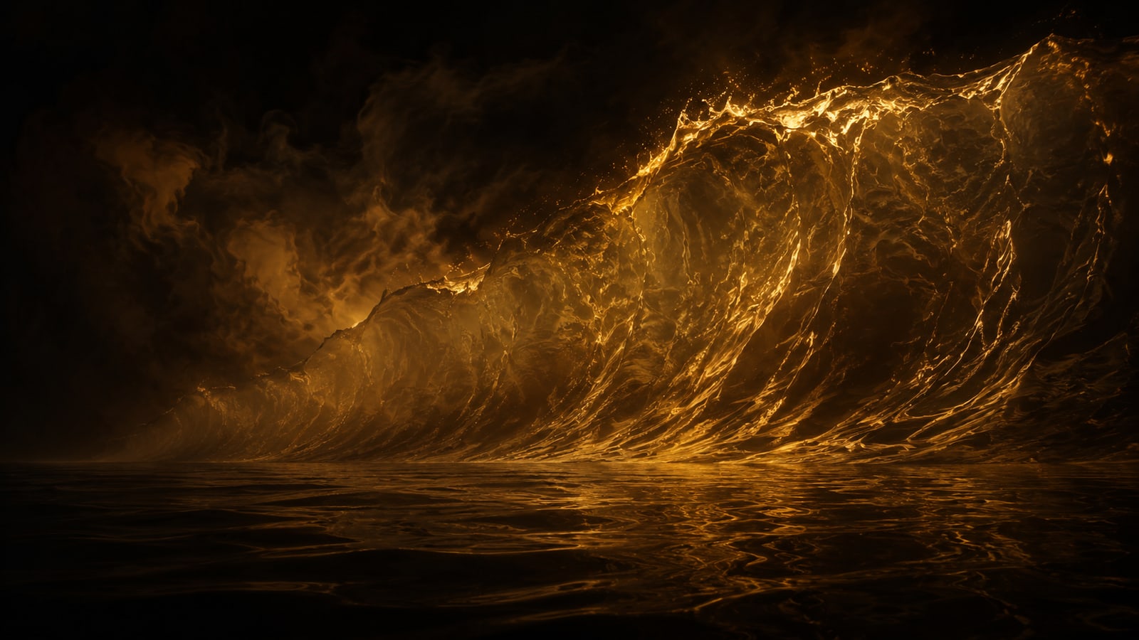 A churning storm tossed sea of agitated gold peaks and wind torn spray.