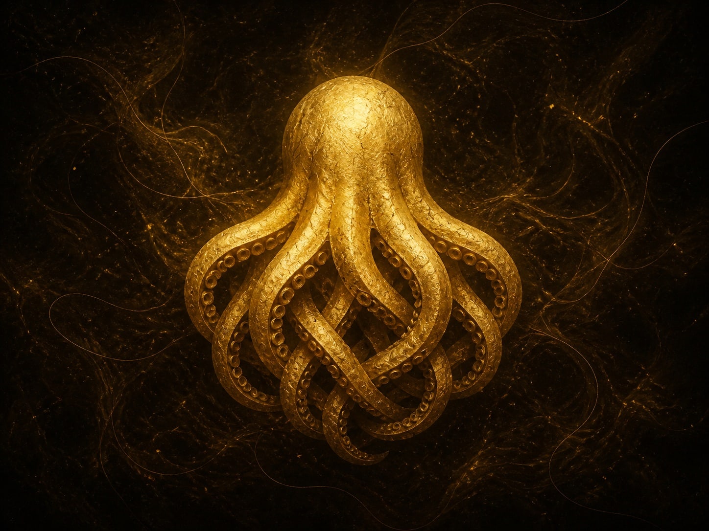 A gold octopus with its arms braided together beneath the head.