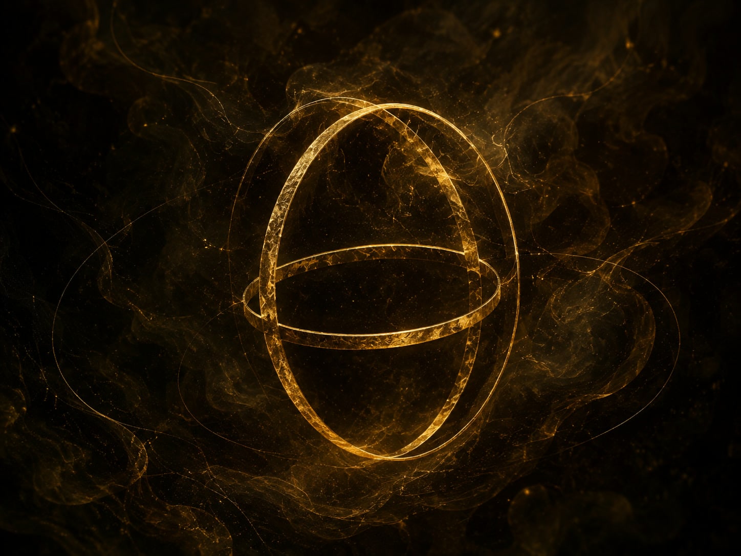A hollow gold oval cage with an inner ring floats in a dark space filled with gold haze.