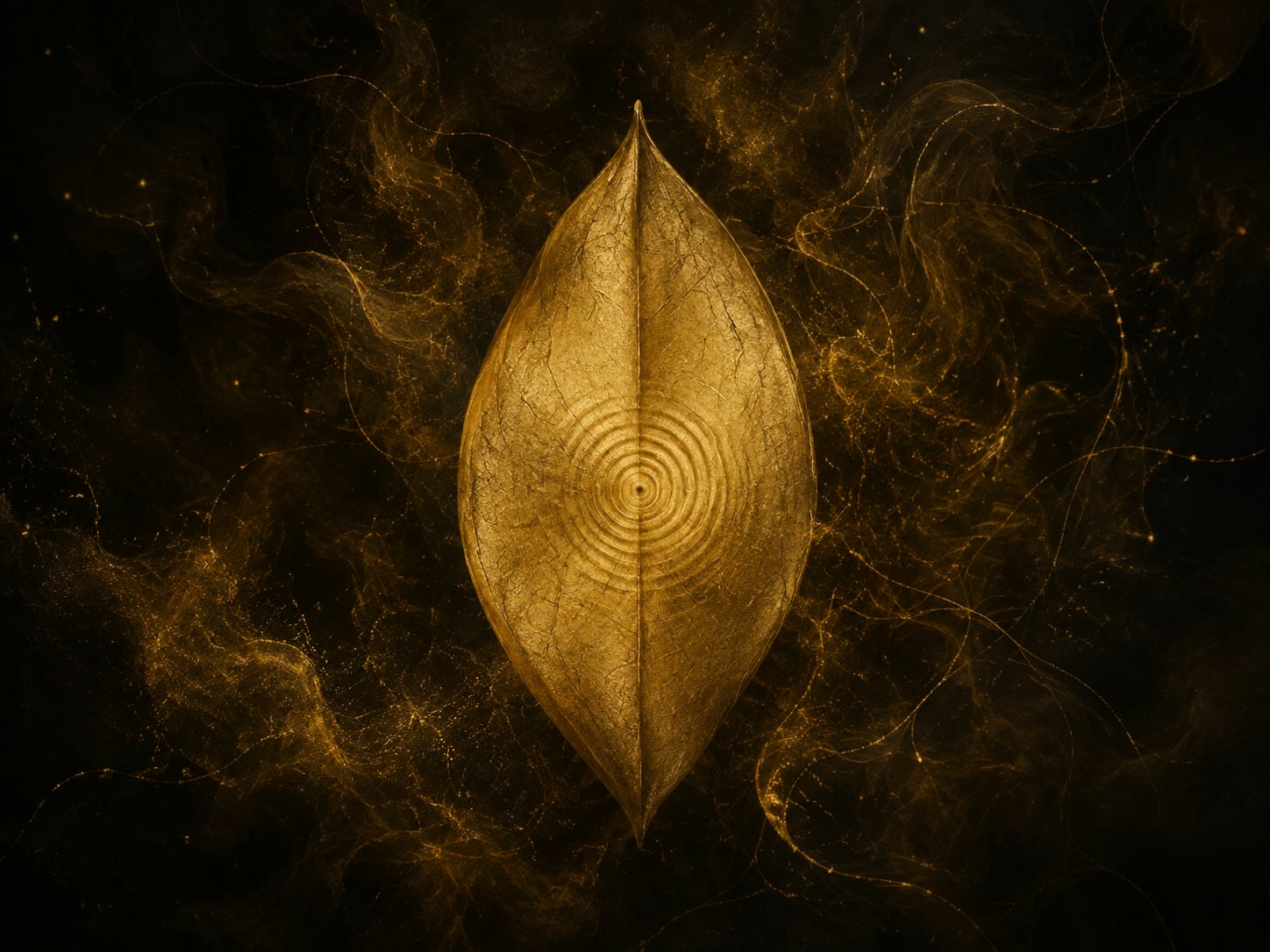A folded gold membrane with a small central ripple hangs in a dark golden haze.