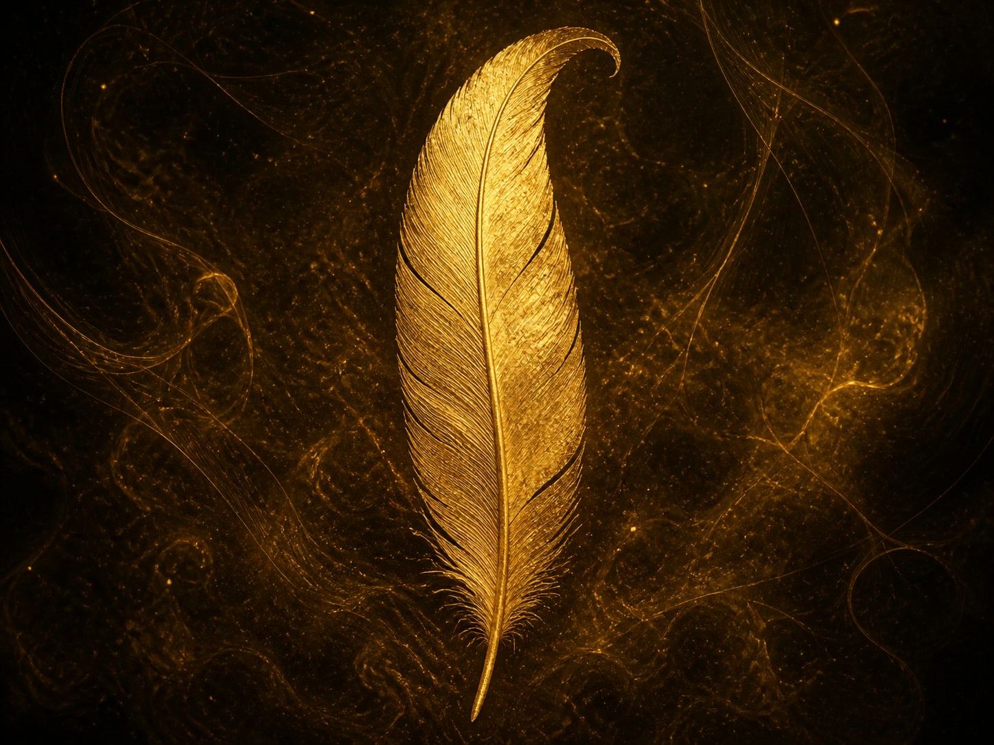 A single curved gold feather with a fine central shaft.