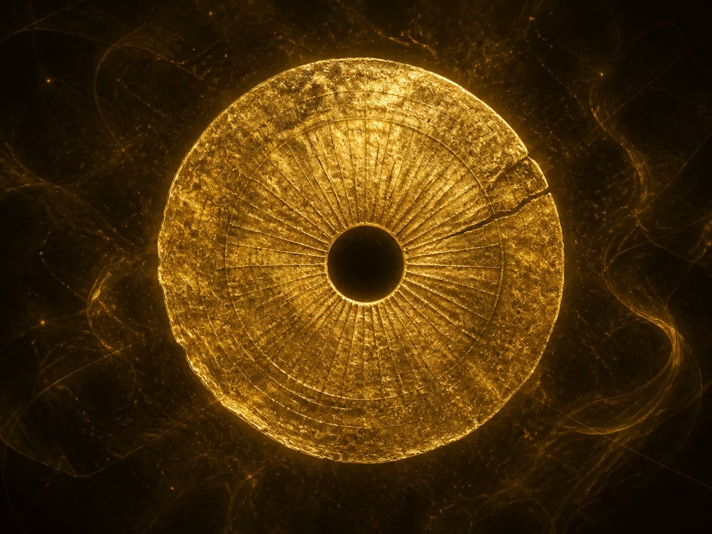 A large round gold disc with radiating grain and a small dark hole at its center.