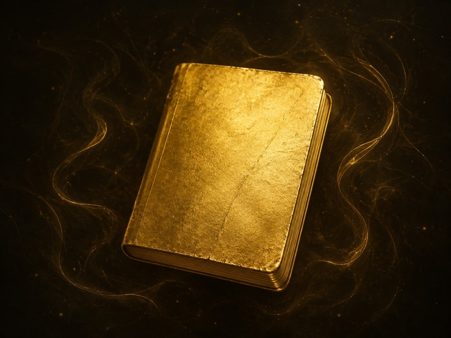 A single closed notebook with a blank bowed cover of beaten gold floats in warm dark haze.