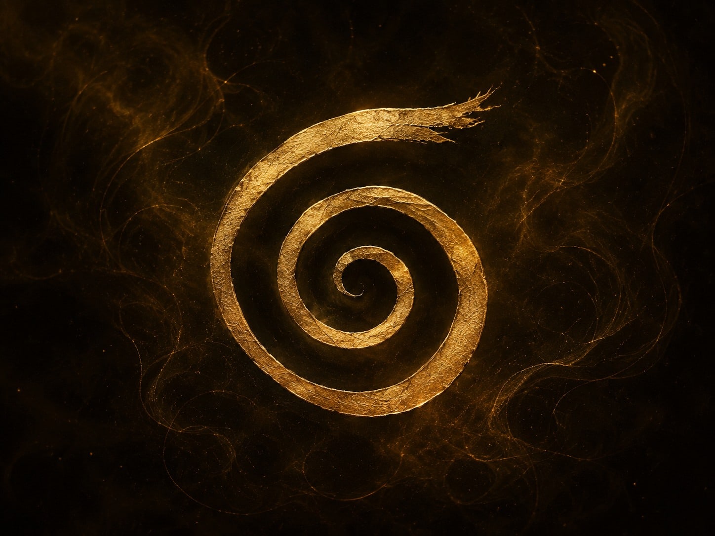 A narrow ribbon of beaten gold curls inward in an uneven spiral against dark haze.