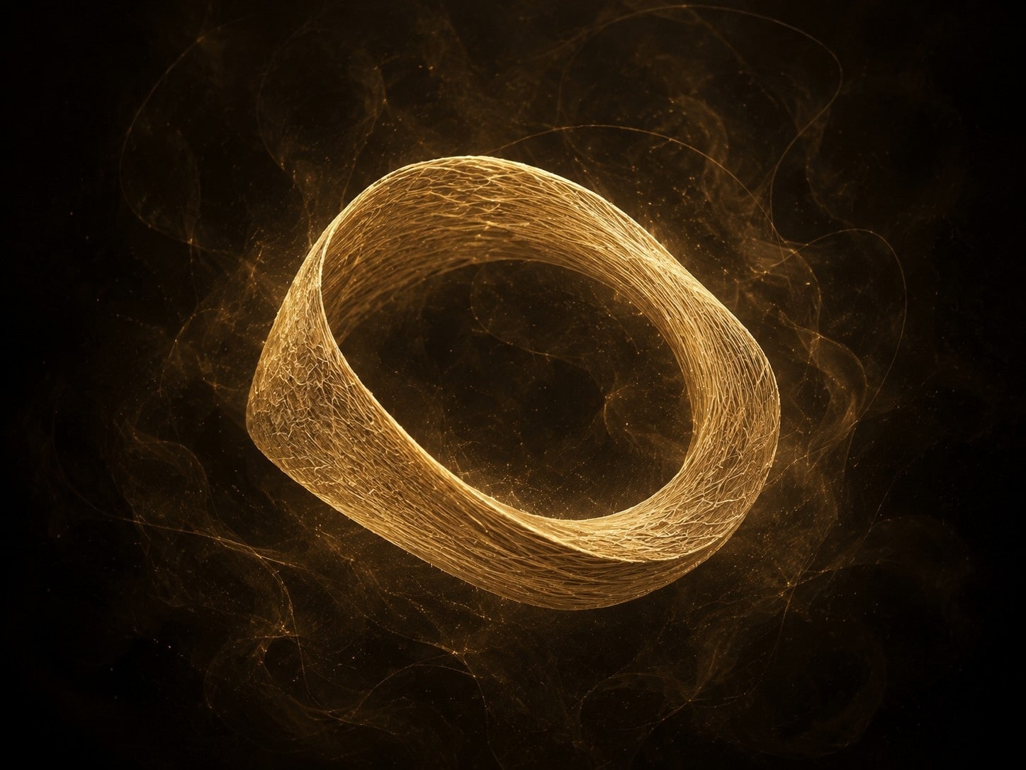 A woven loop of glowing gold forms an open enclosure in a dark hazy background.