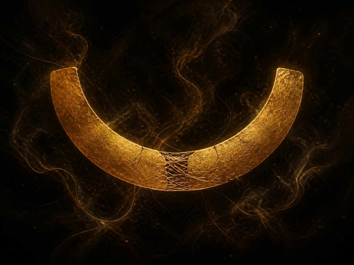 A curved gold arc with a thin thread-repaired crack floats in a dark smoky background.
