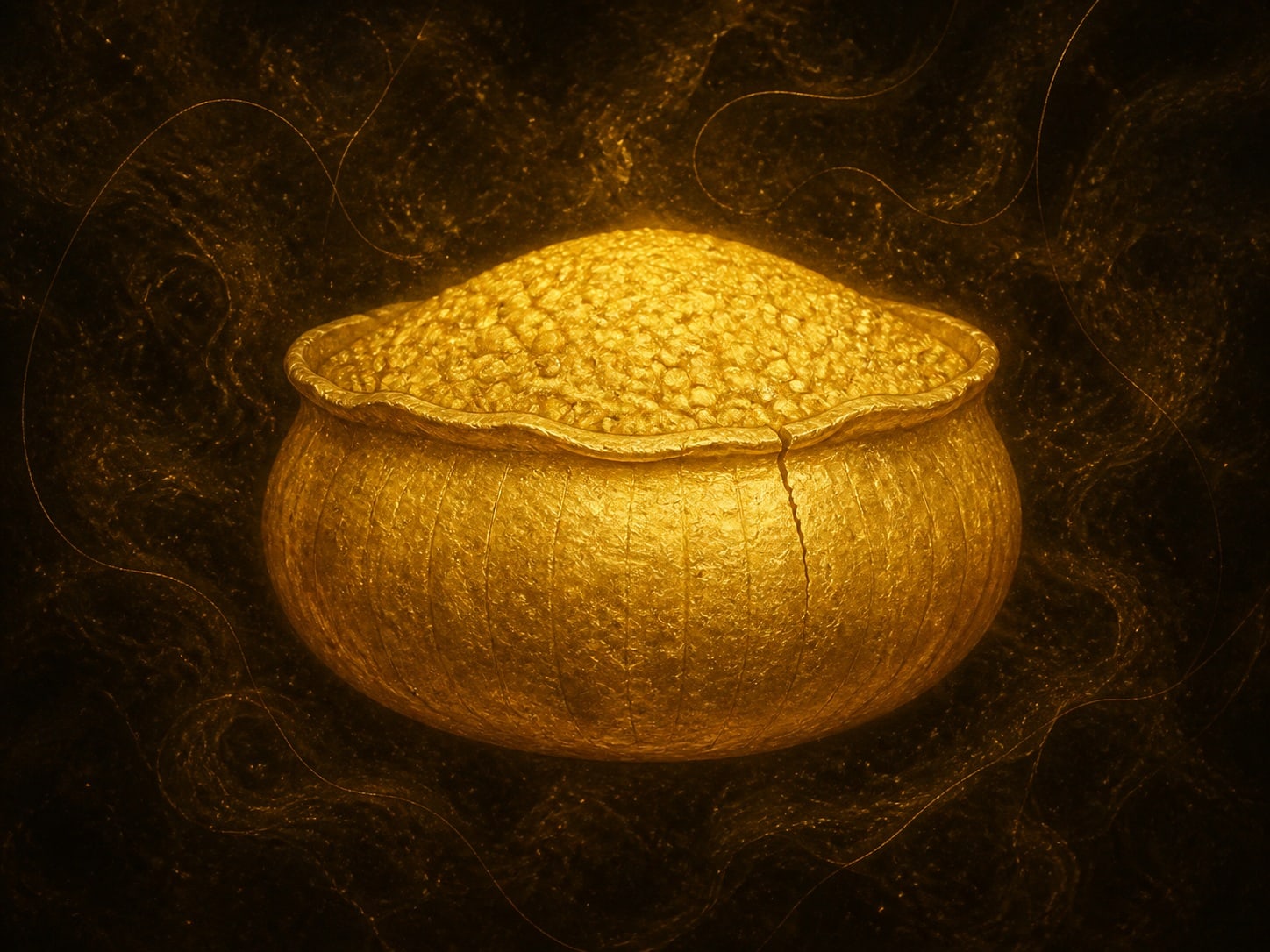 A round gold pot heaped full to overflowing.