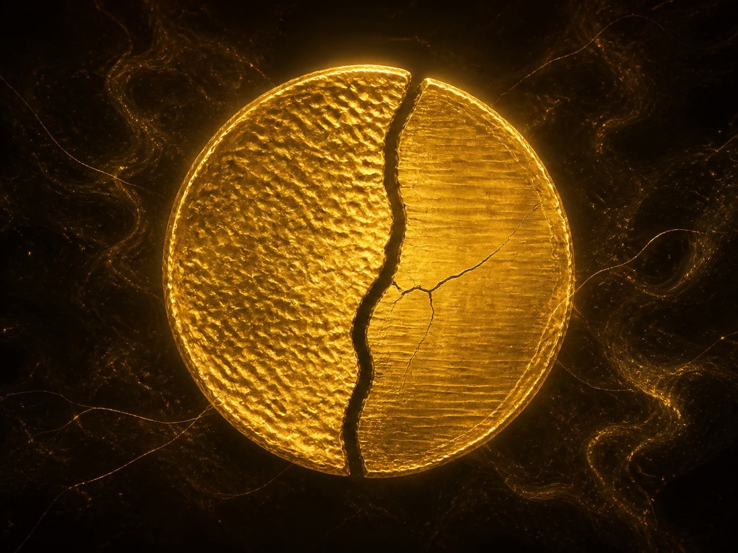 A round gold disc split by a jagged crack into two halves with different surface textures.