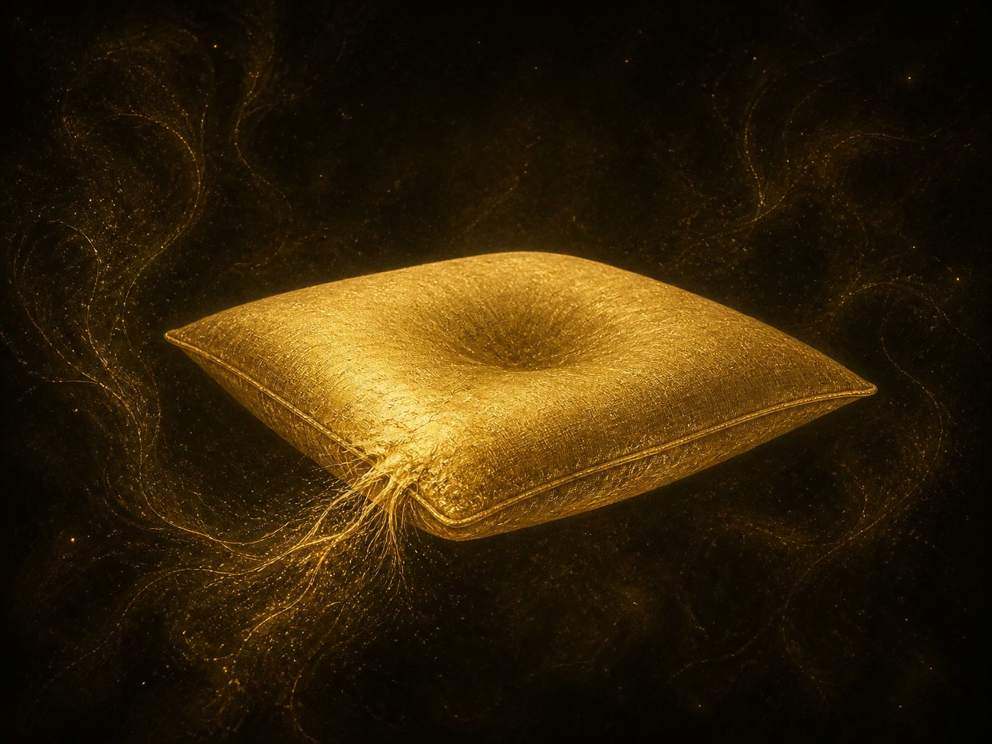 A gold pillow seen at an angle with fine threads trailing from one corner.