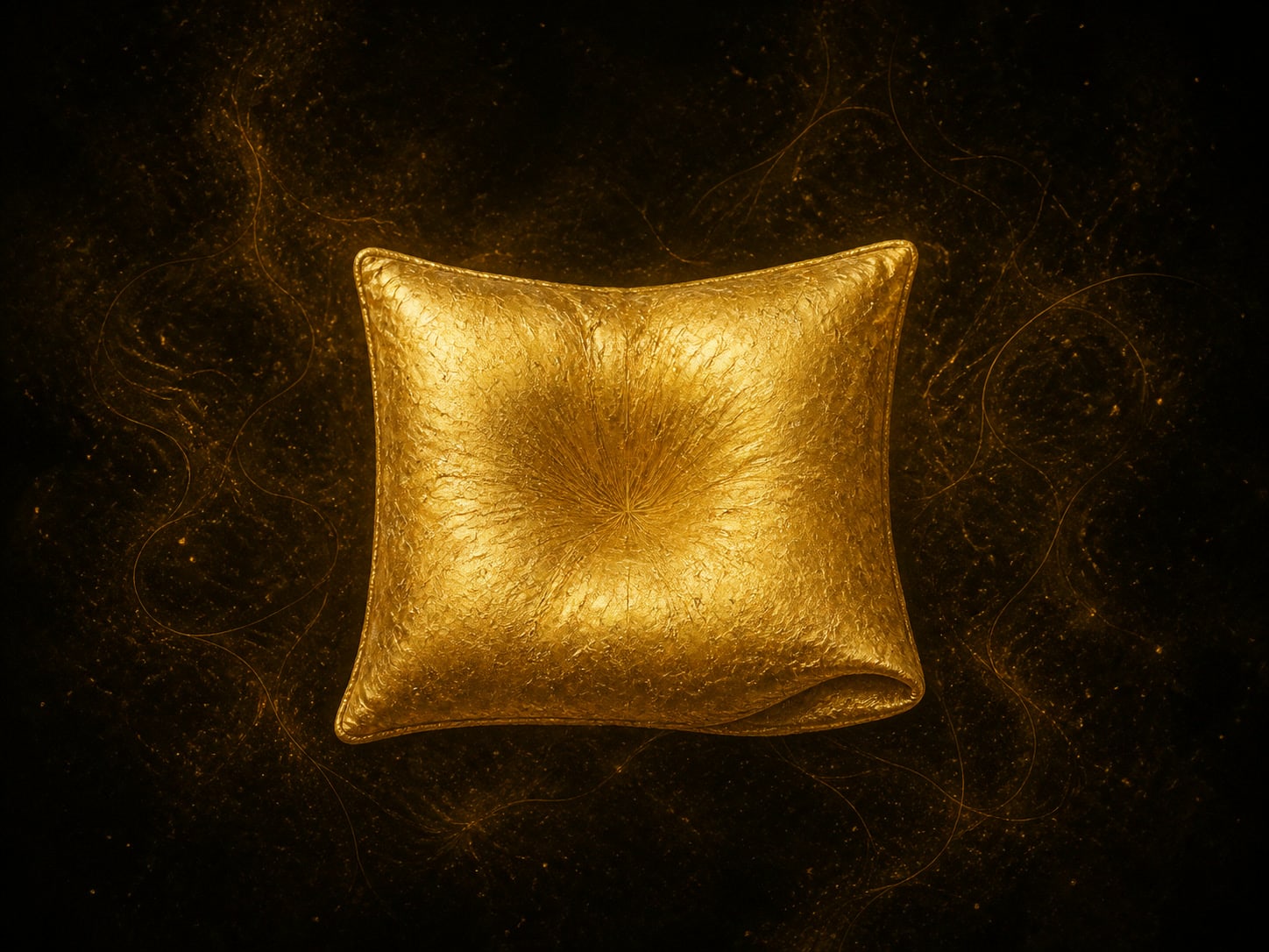 An upright square gold pillow with a hollow pressed into the middle.