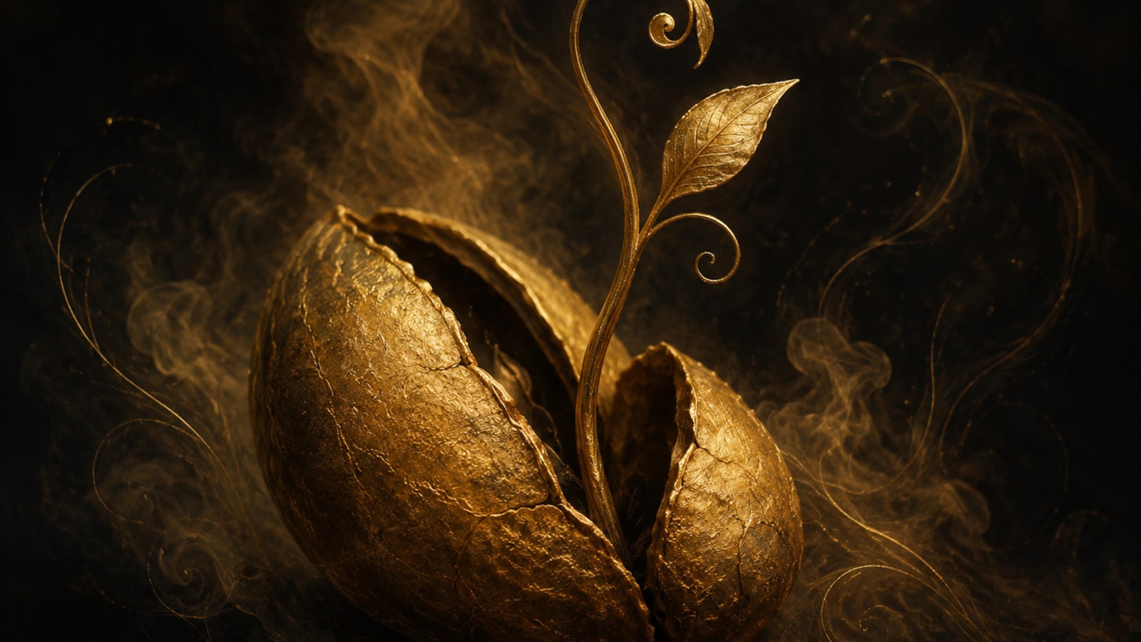 A gold seed cracked open with a delicate sprout curling out.
