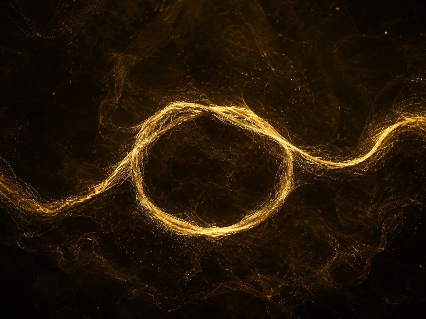 A single thick gold strand forming a loose loop and continuing into warm dark haze.
