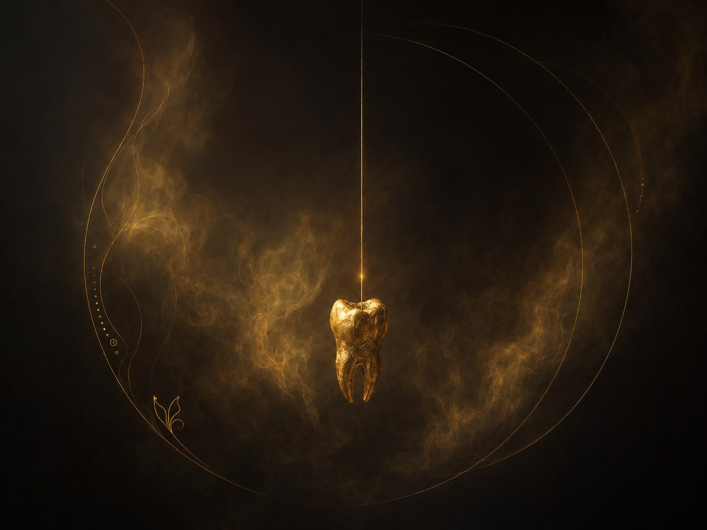 A gold tooth suspended from a single fine, taut thread of gold light, held at the moment before release.