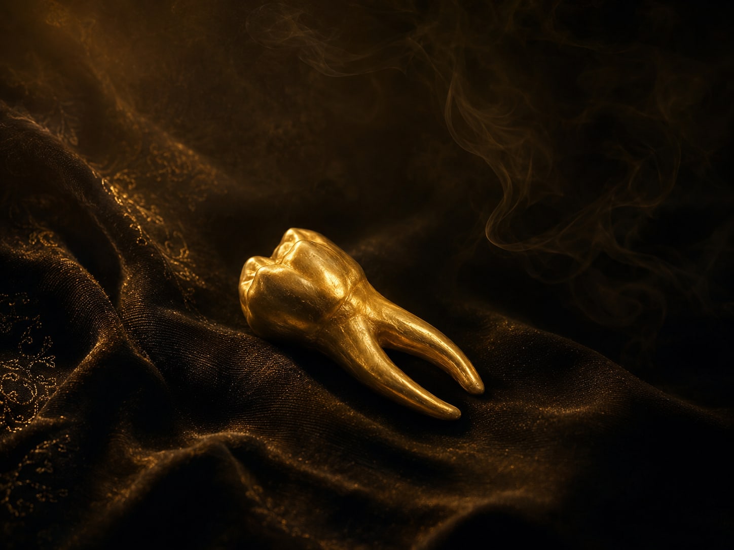 A gold tooth lying whole on dark cloth with its long root fully exposed, the extraction clean and complete.