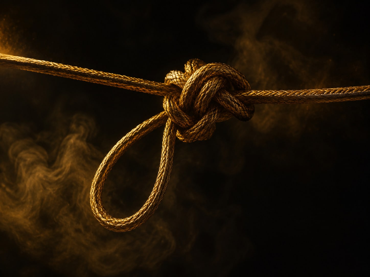 A tight gold knot with one loop falling open and slack, fine gold particles lifting away from it into darkness.
