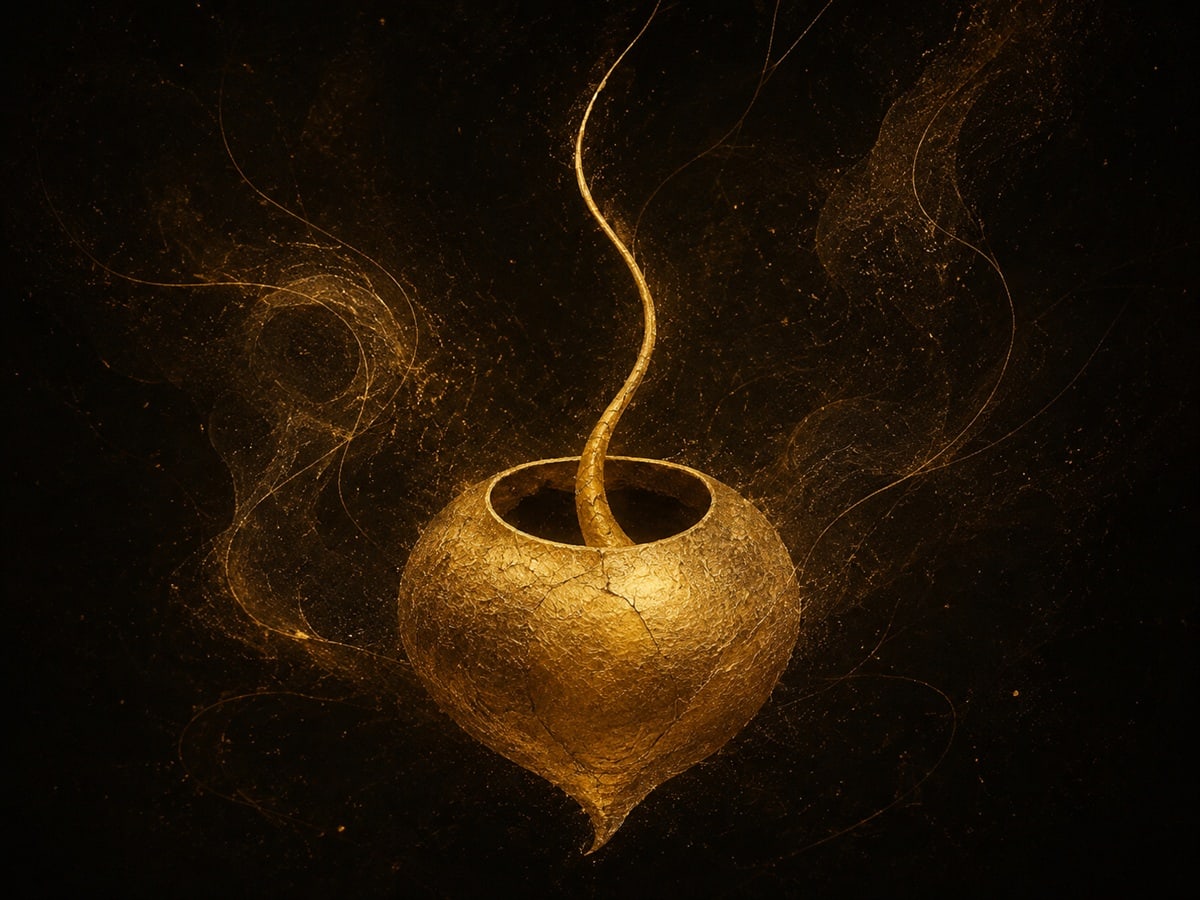 A hollow gold vessel with a narrow strand rising from its opening floats in a warm dark haze.