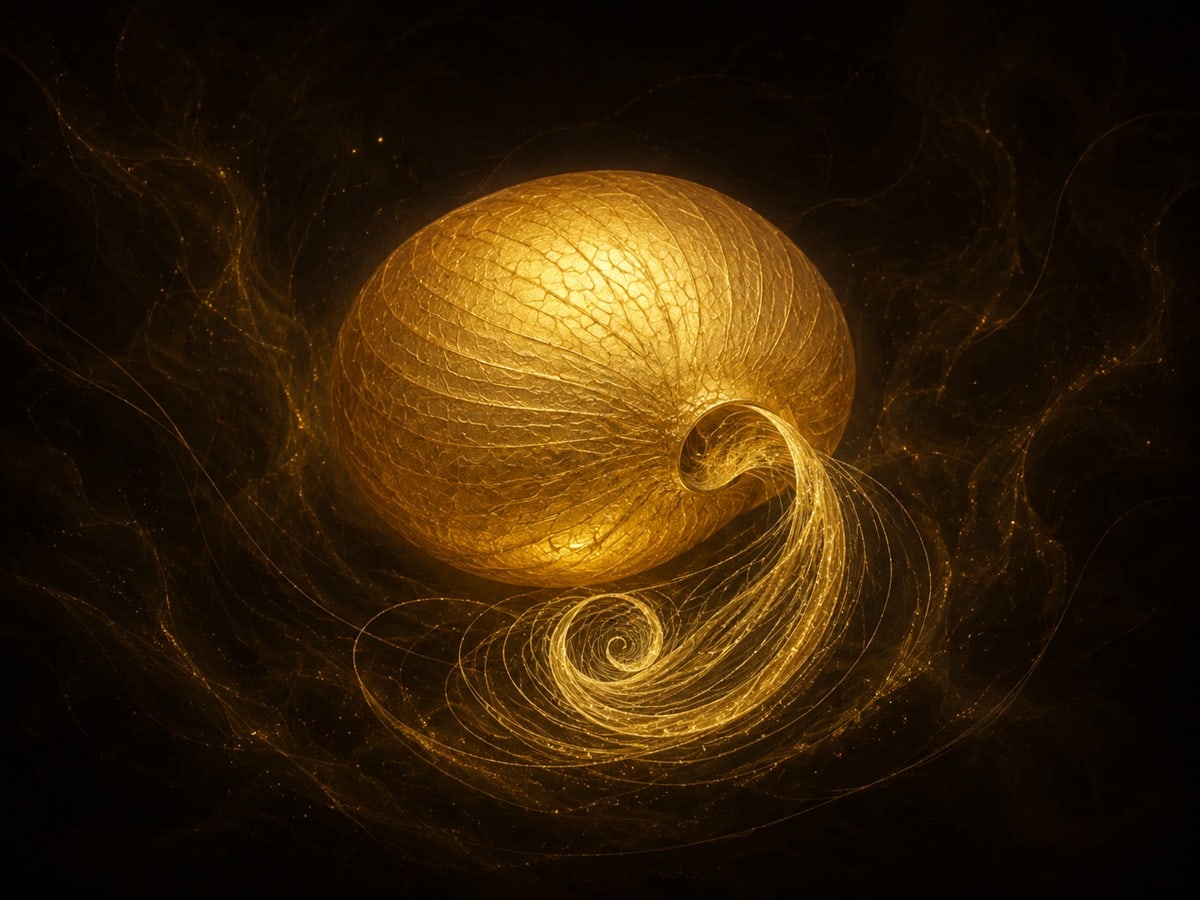 An oval gold shell with a coil of fine luminous thread unfurling from a small opening floats in dark haze.