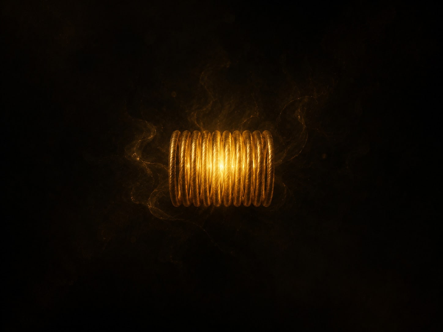 A tightly wound gold coil compressed to its limit, its inner turns crowded and brightest at the core, suspended in darkness.
