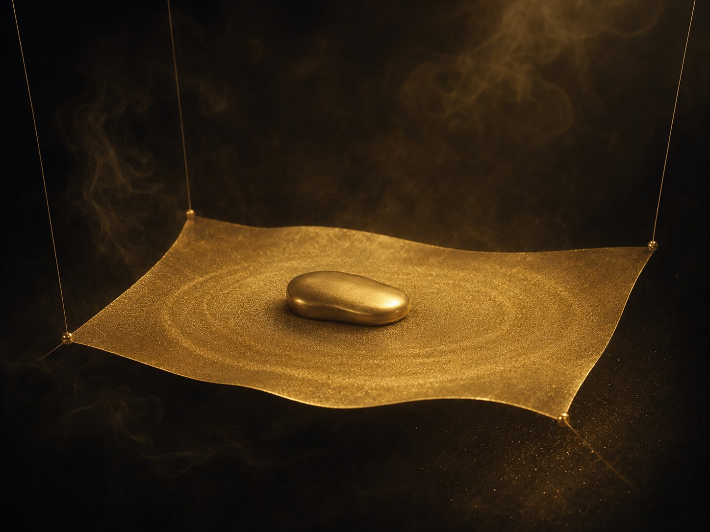 A gold form lying level and still on a suspended sheet of fine gold grain that has gone completely smooth, with one faint ring left in it.
