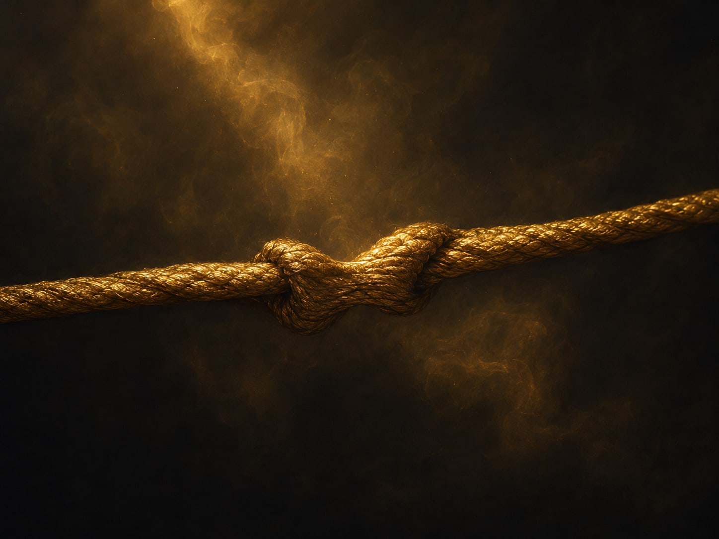 A gold cord pulled into a knot drawn far too tight, its strands flattened where they cross and its ends frayed to thin filaments.