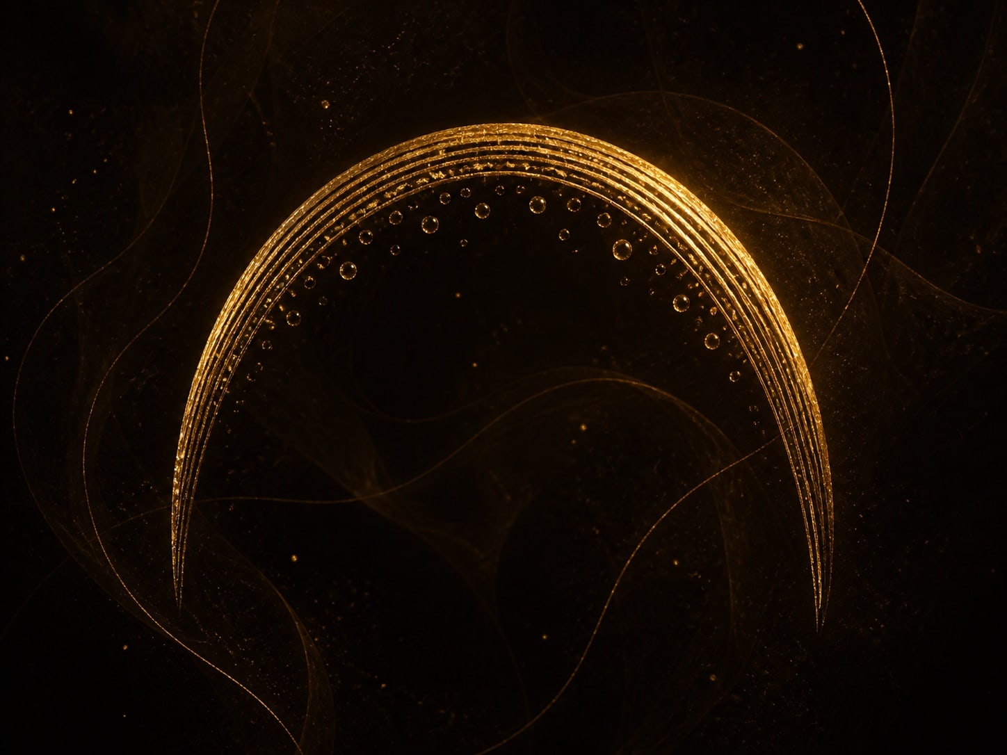 A glowing gold arch made of thin nested strands holds tiny gold beads in a hazy dark background.