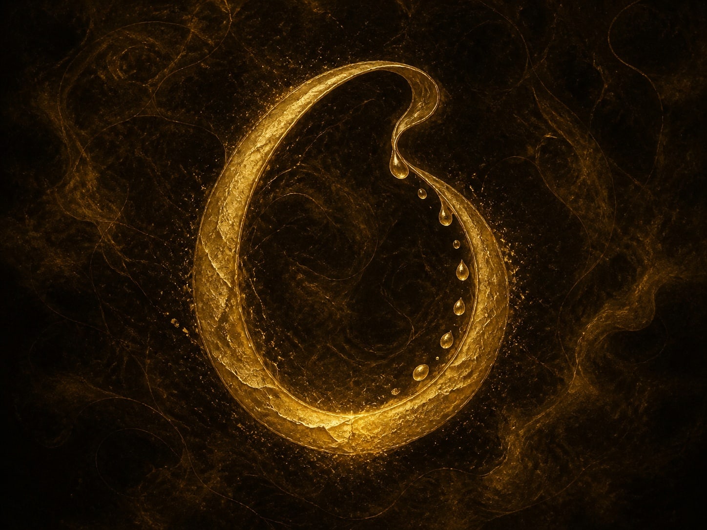 A luminous gold loop with small droplet-shaped beads floats in warm dark haze.