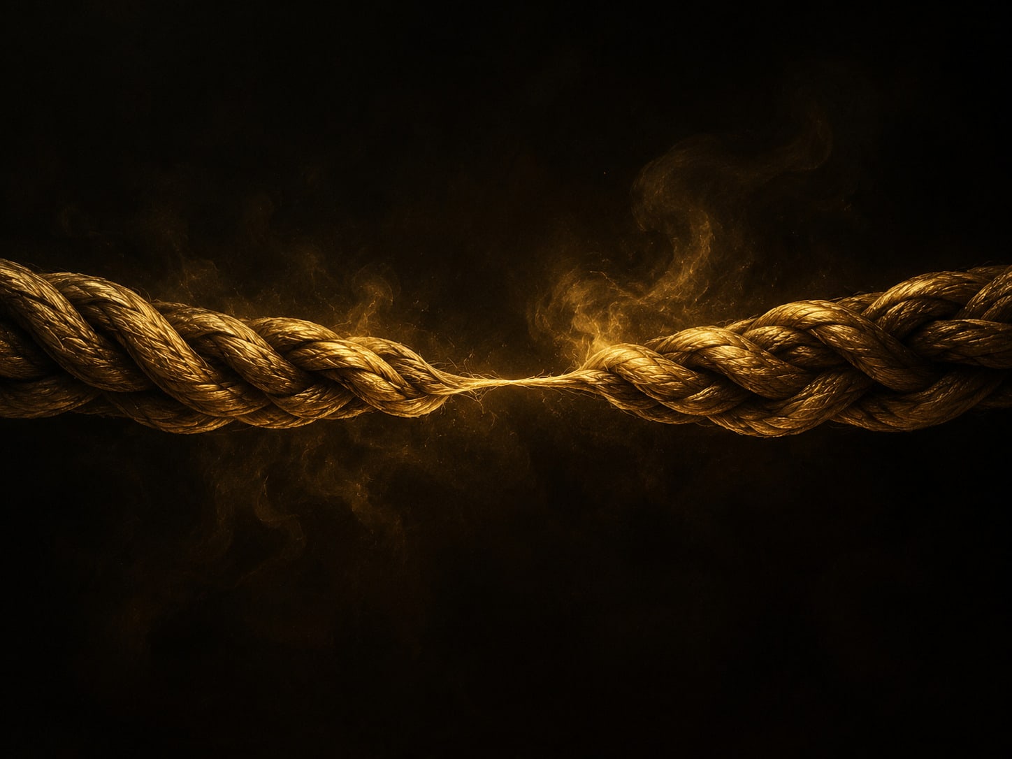 A thick braided gold cord under tension in darkness, one strand worn almost through, with fine gold dust falling from the worn place.