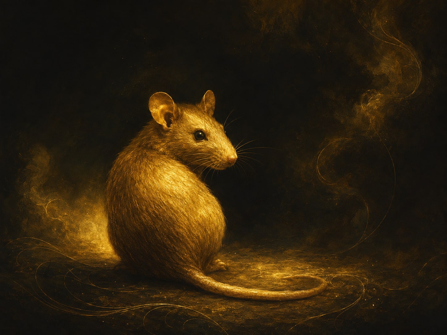 A small gold rat form facing away into darkness with its head turned back over its shoulder toward the viewer.