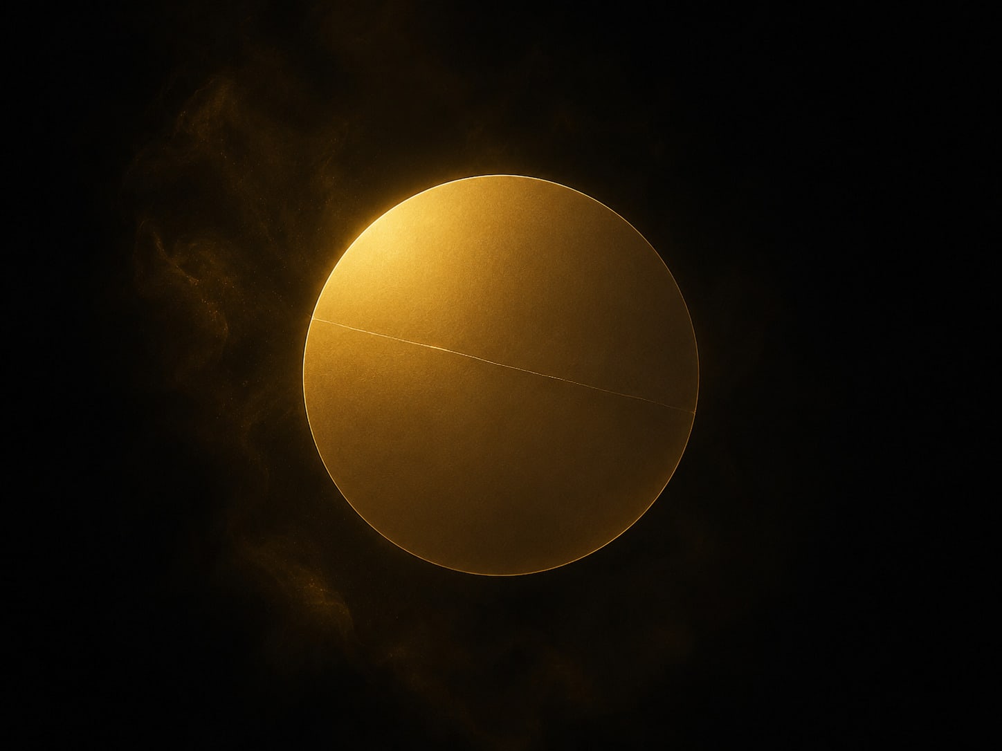 A smooth gold disc in darkness that looks whole, crossed by one hairline fracture that barely catches the light.