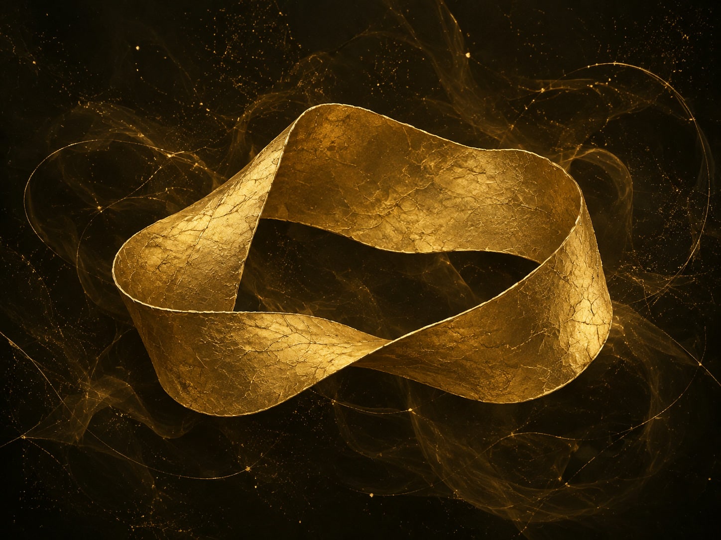 A blank folded gold map curls into a loop amid dark golden haze.